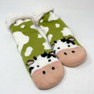 Multicolor COW Knit Green Pink Ivory Bootie Slippers Faux Shearling Lining OS